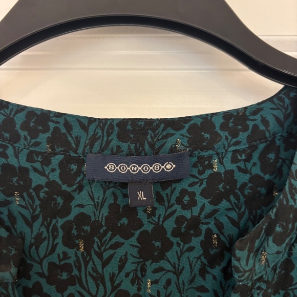NWOT Bonobo Teal and Black Floral 3/4 Sleeve Midi Dress with Gold Flecks - Picture 3 of 6